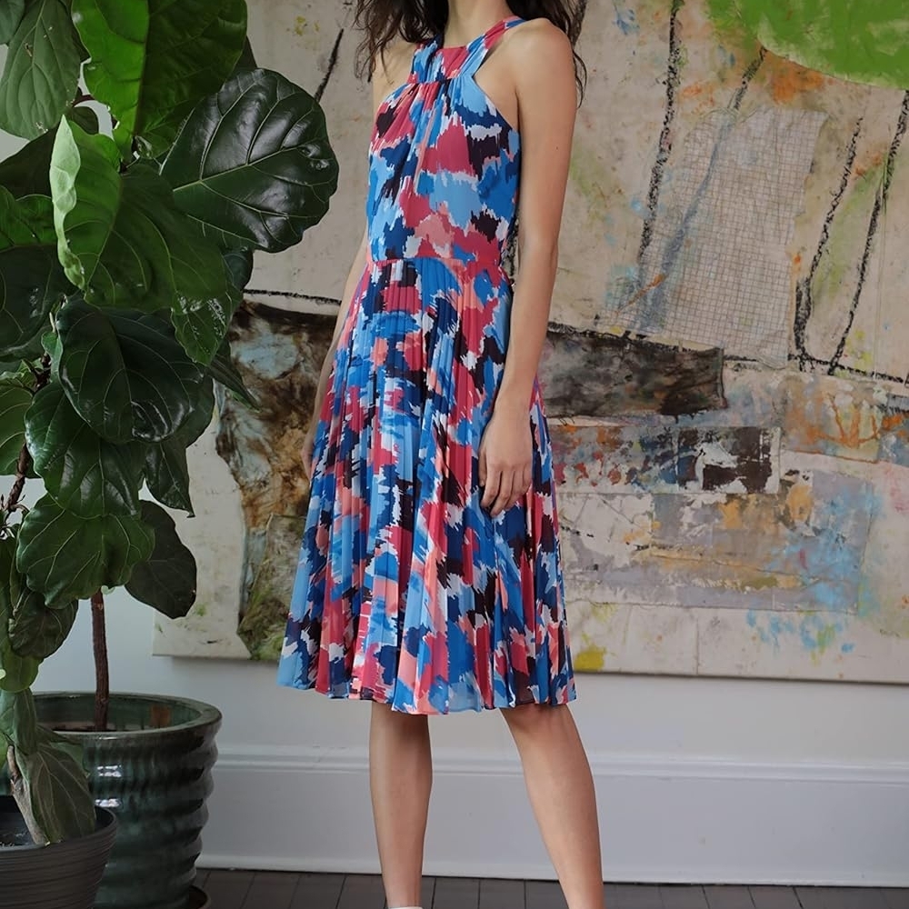 Maggy London Blue and Pink Abstract Midi Dress